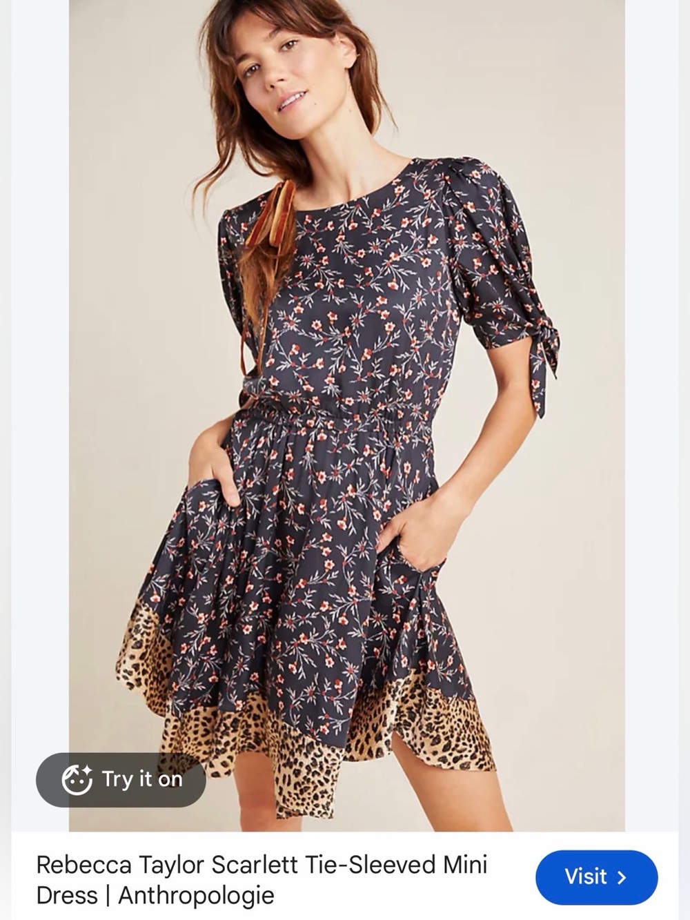 Rebecca Taylor Anthropologie Scarlett tie-sleeve black floral cheetah hem dress